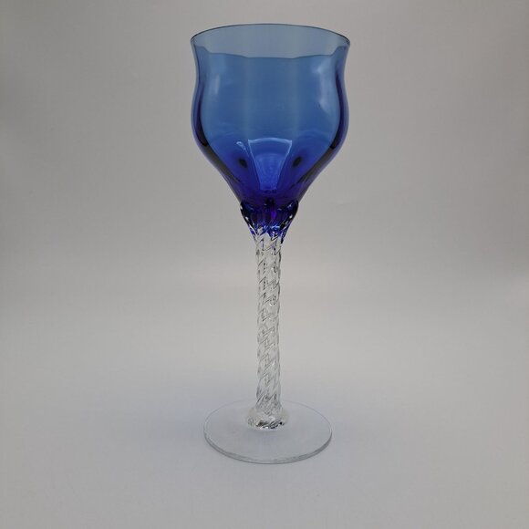 Vintage Blue Glass Goblet With Twisted Clear Stem - Picture 1 of 6